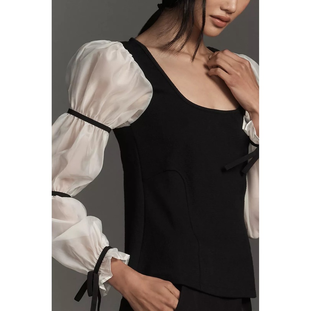 Maeve Anthropologie Balloon Sleeve Top Black Ivory Romantic Textured Blouse S - Picture 2 of 11